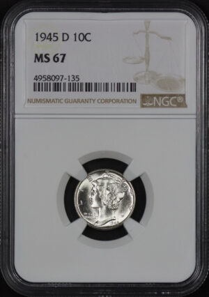 Obverse of this 1945-D Mercury Dime NGC MS-67
