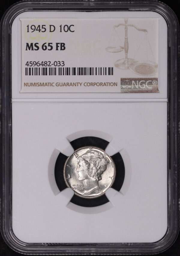 Obverse of this 1945-D Mercury Dime NGC MS-65 FB