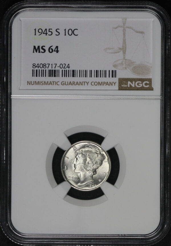 Obverse of this 1945-S Mercury Dime NGC MS-64