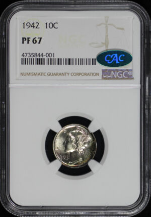 Obverse of this 1942 Mercury Dime NGC PF-67 CAC