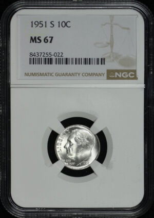 Obverse of this 1951-S Roosevelt Dime NGC MS-67