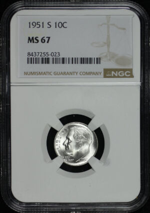 Obverse of this 1951-S Roosevelt Dime NGC MS-67