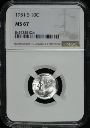 Obverse of this 1951-S Roosevelt Dime NGC MS-67