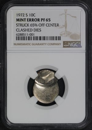 Obverse of this 1972-S Roosevelt Dime NGC PF-65 MINT ERROR Struck 65% Off Center