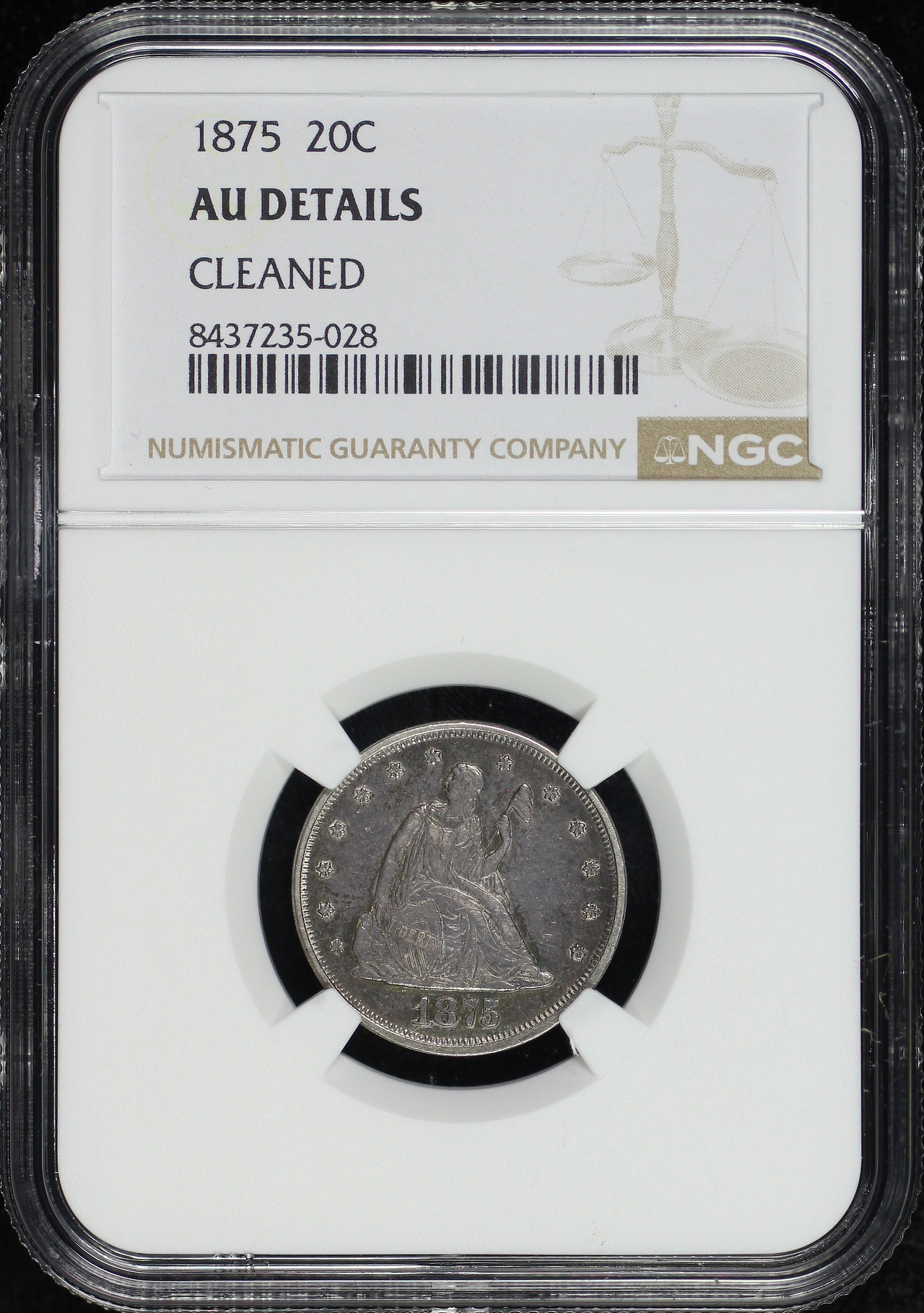 Obverse of this 1875 Twenty Cent NGC AU Details Cleaned