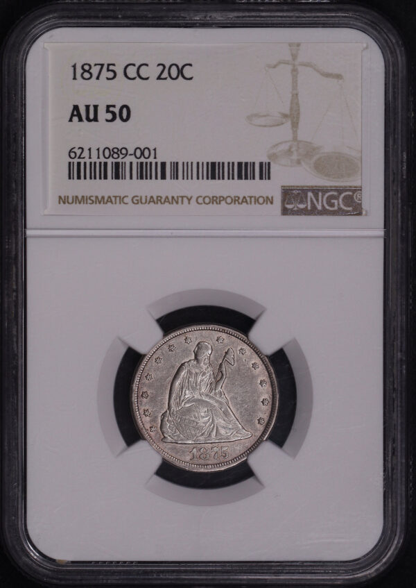 Obverse of this 1875-CC Twenty Cent NGC AU-50