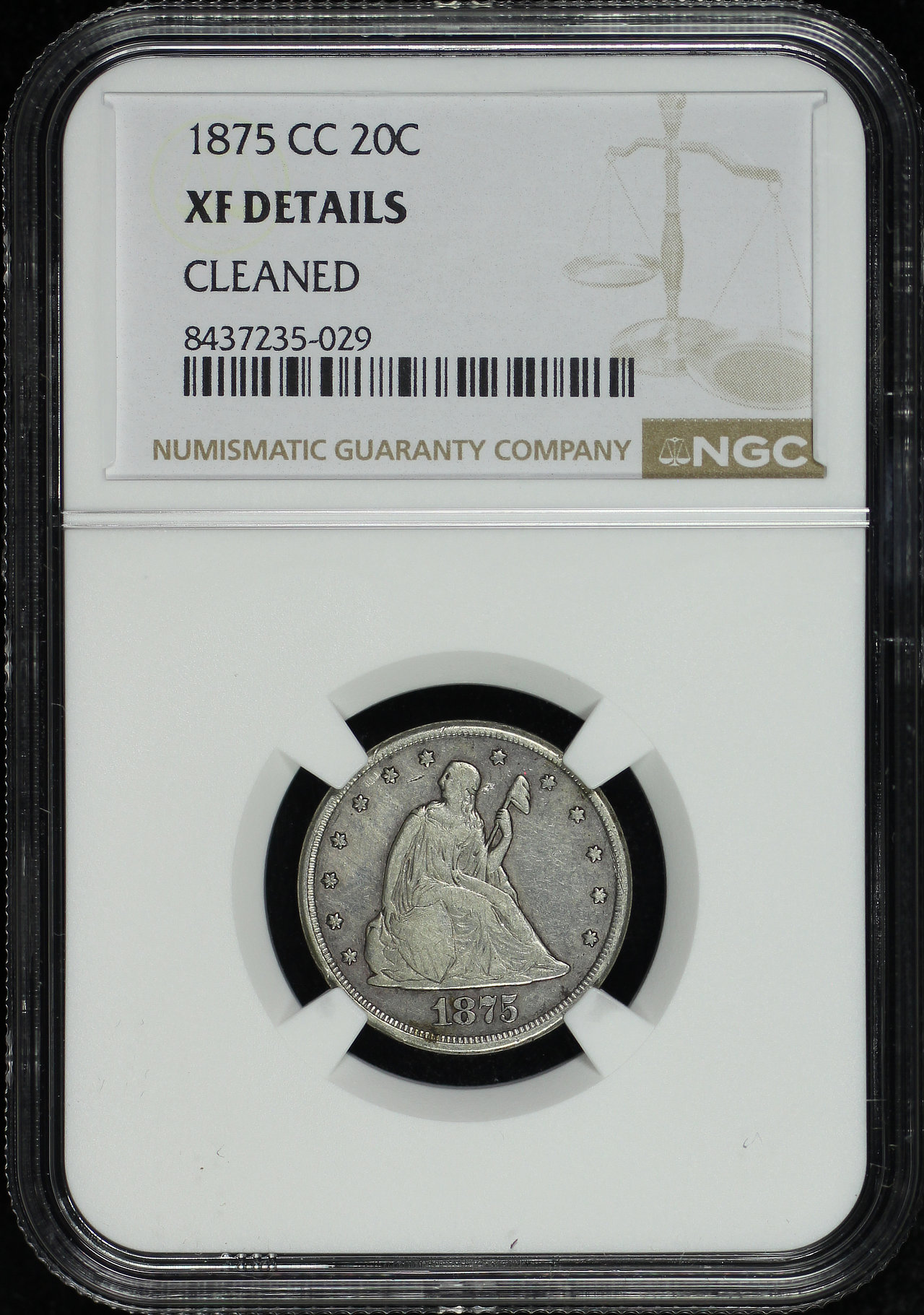 Obverse of this 1875-CC Twenty Cent NGC XF Details Cleaned