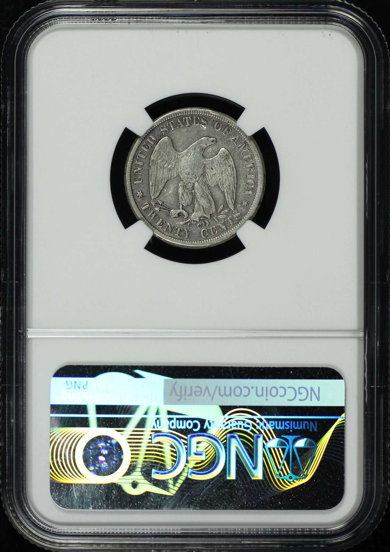Reverse of this 1875-CC Twenty Cent NGC XF Details Cleaned