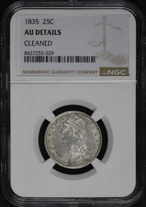 Obverse of this 1835 Capped Bust Quarter NGC AU Details Cleaned 