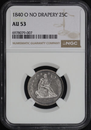 Obverse of this 1840-O Liberty Seated Quarter No Drapery NGC AU-53