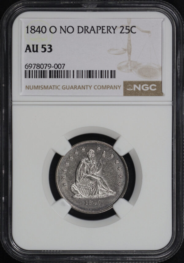 Obverse of this 1840-O Liberty Seated Quarter No Drapery NGC AU-53