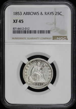 Obverse of this 1853 Liberty Seated Quarter with Arrows and Rays NGC XF-45