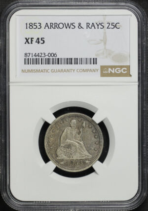 Obverse of this 1853 Liberty Seated Quarter Arrows and Rays NGC XF-45