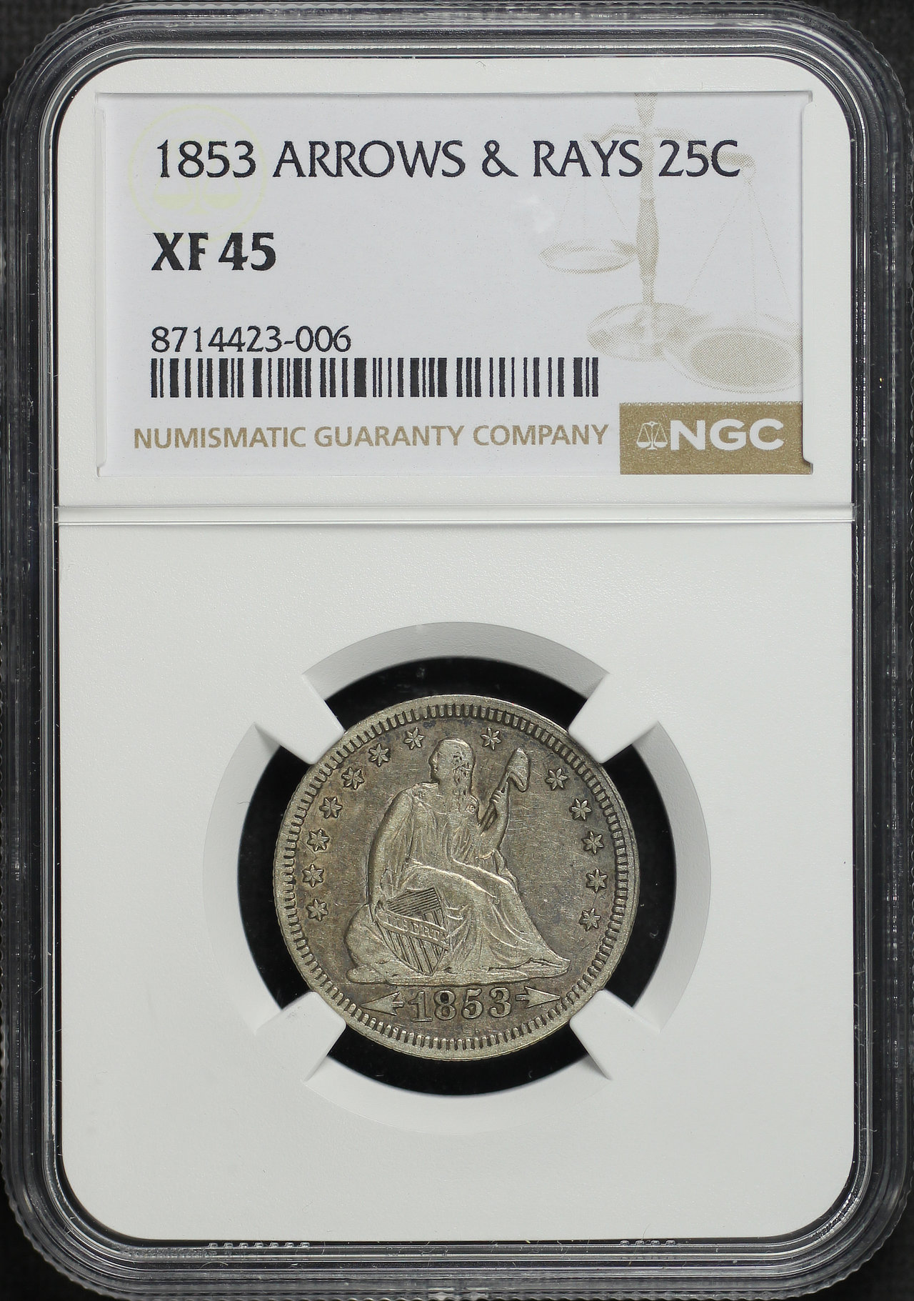 Obverse of this 1853 Liberty Seated Quarter Arrows and Rays NGC XF-45