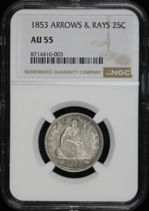Obverse of this 1853 Liberty Seated Quarter with Arrows and Rays NGC AU-55