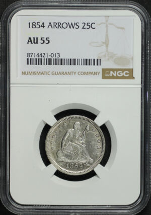 Obverse of this 1854 Liberty Seated Quarter Arrows NGC AU-55