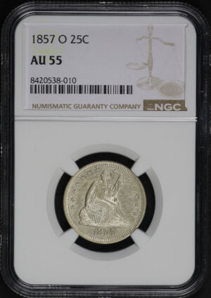 Obverse of this 1857-O Liberty Seated Quarter NGC AU-55