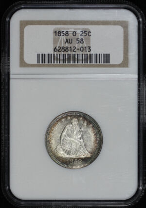 Obverse of this 1858-O Liberty Seated Quarter NGC AU-58