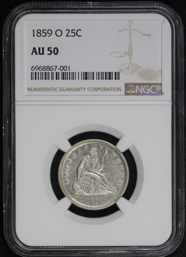 Obverse of this 1859-O Liberty Seated Quarter NGC AU-50