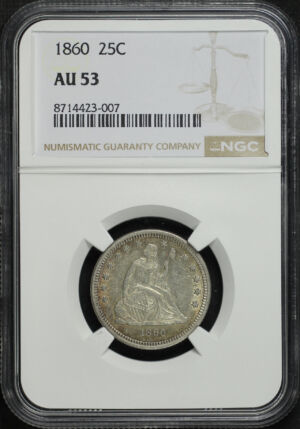 Obverse of this 1860 Liberty Seated Quarter NGC AU-53