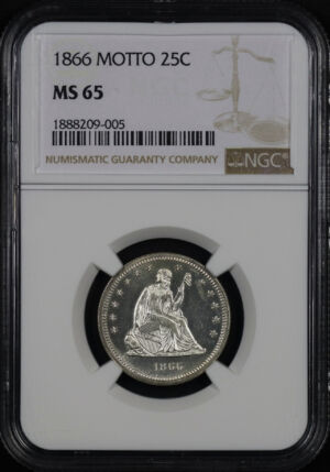 Obverse of this 1866 Liberty Seated Quarter Motto NGC MS-65