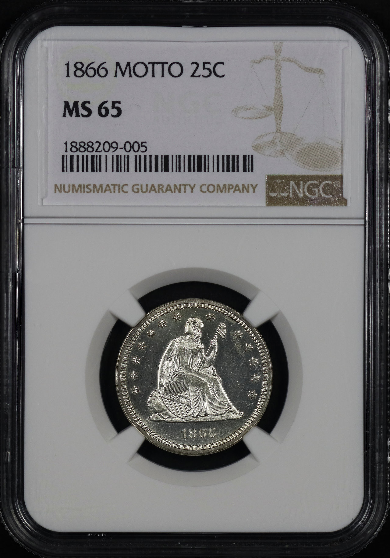 Obverse of this 1866 Liberty Seated Quarter Motto NGC MS-65