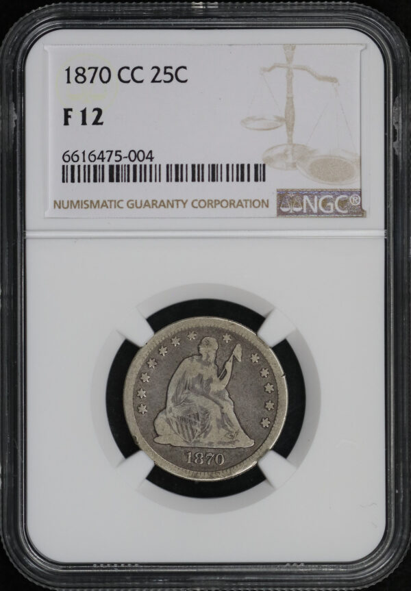 Obverse of this 1870-CC Liberty Seated Quarter NGC F-12