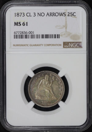 Obverse of this 1873 Closed 3, No Arrows, Liberty Seated Quarter NGC MS-61