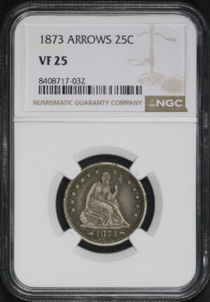 Obverse of this 1873 Liberty Seated Quarter Arrows NGC VF-25