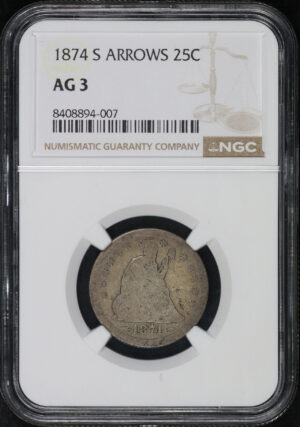 Obverse of this 1874-S Seated Liberty Quarter with Arrows NGC AG-3 – Great For A Lowball Set! 