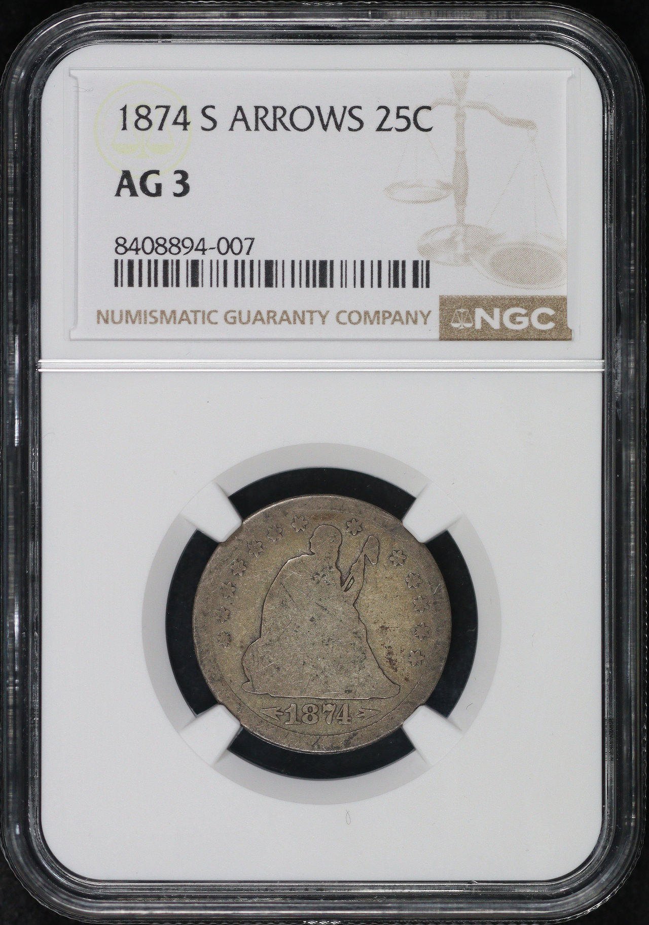 Obverse of this 1874-S Seated Liberty Quarter with Arrows NGC AG-3 – Great For A Lowball Set!