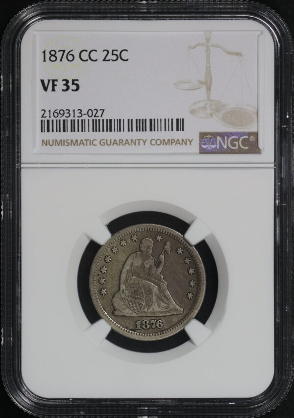 Obverse of this 1876-CC Liberty Seated Quarter NGC VF-35