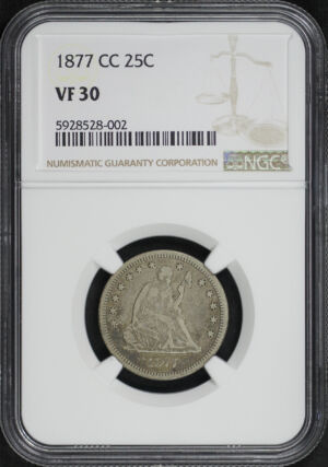 Obverse of this 1877-CC Liberty Seated Quarter NGC VF-30