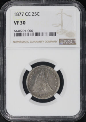 Obverse of this 1877-CC Liberty Seated Quarter NGC VF-30