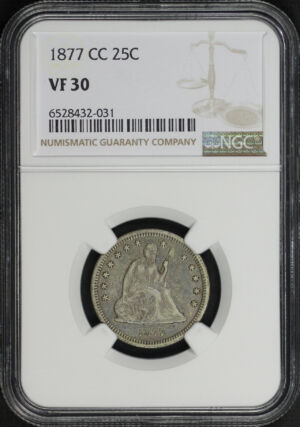 Obverse of this 1877-CC Liberty Seated Quarter NGC VF-30