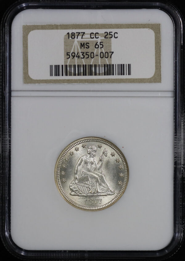 Obverse of this 1877-CC Liberty Seated Quarter NGC MS-65