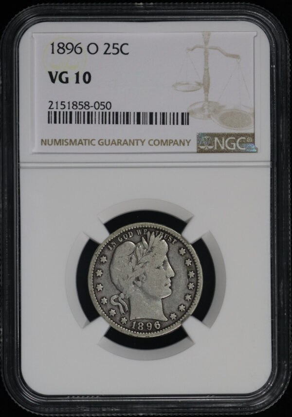 Obverse of this 1896-O Barber Quarter NGC VG-10