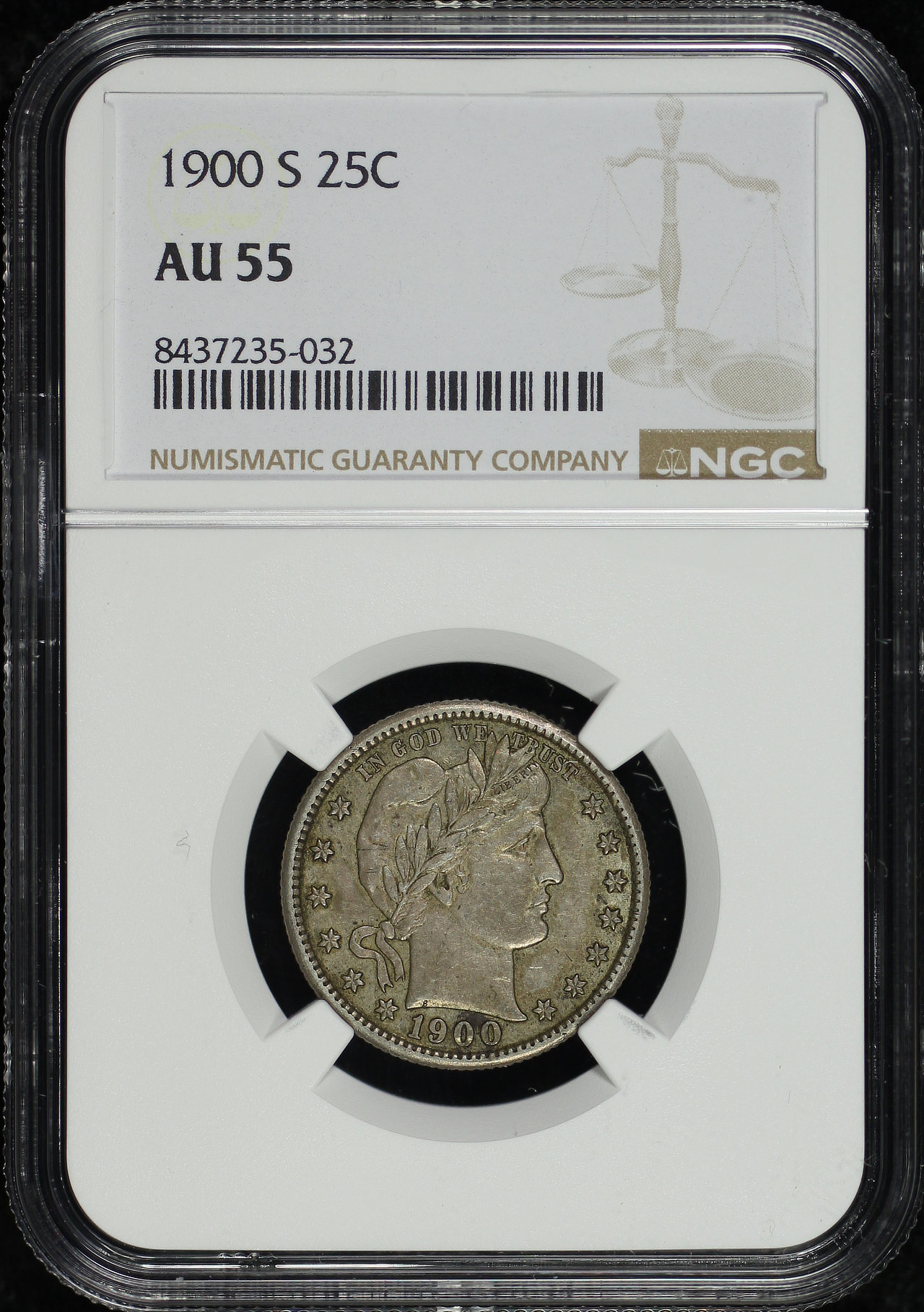 Obverse of this 1900-S Barber Quarter NGC AU-55