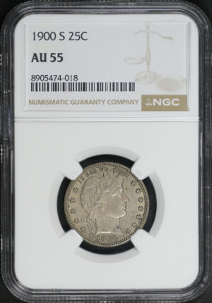 Obverse of this 1900-S Barber Quarter NGC AU-55
