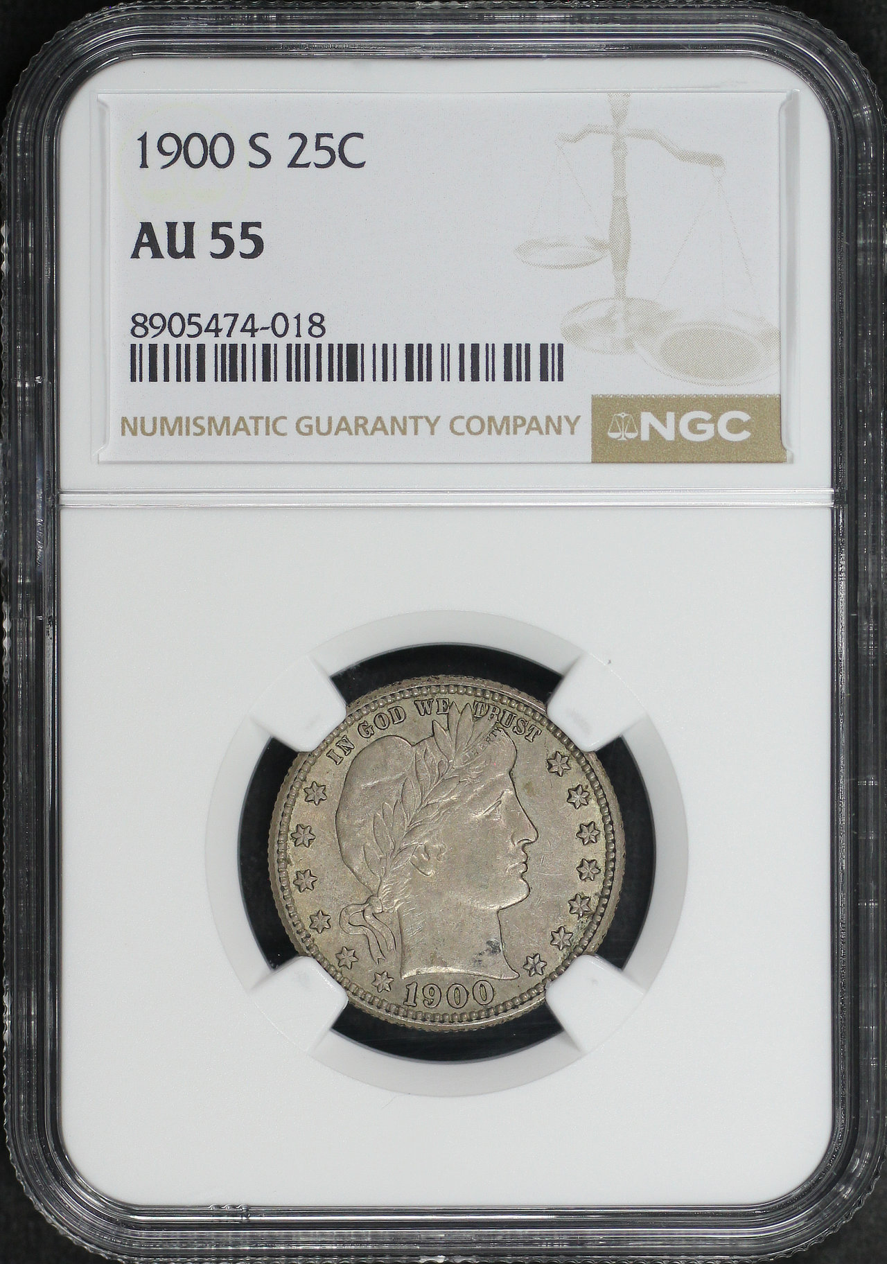Obverse of this 1900-S Barber Quarter NGC AU-55