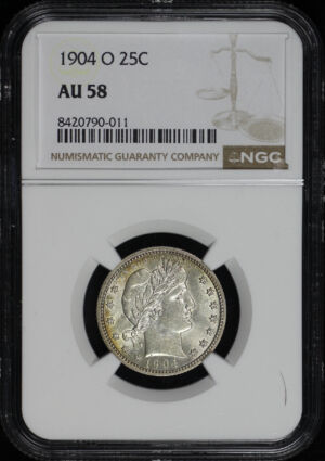 Obverse of this 1904-O Barber Quarter NGC AU-58