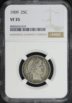 Obverse of this 1909 Barber Quarter NGC VF-35