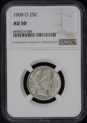 Obverse of this 1909-O Barber Quarter NGC AU-50