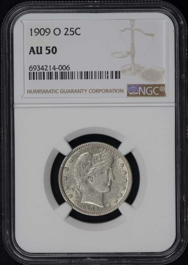 Obverse of this 1909-O Barber Quarter NGC AU-50