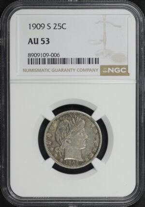 Obverse of this 1909-S Barber Quarter NGC AU-53