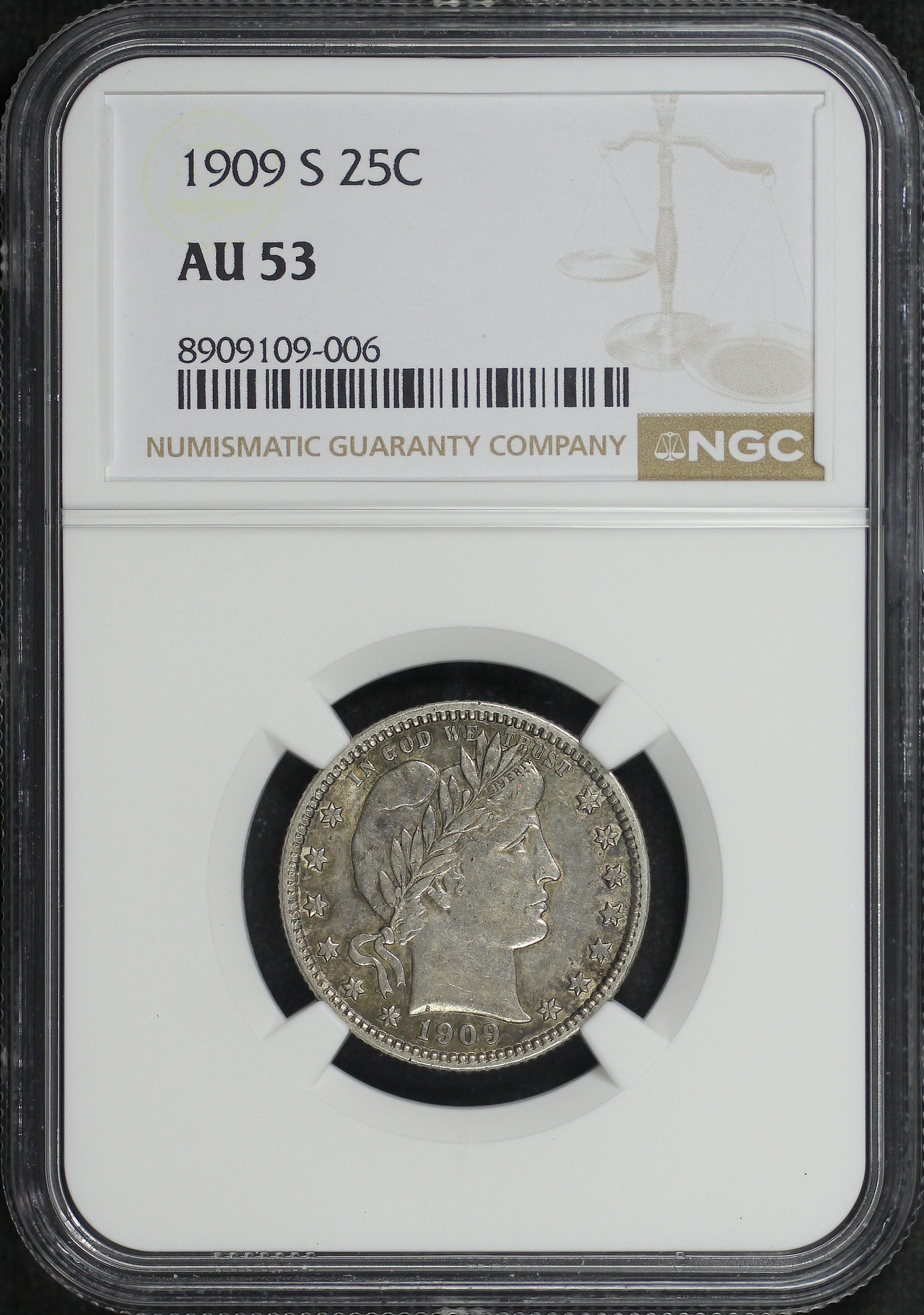 Obverse of this 1909-S Barber Quarter NGC AU-53