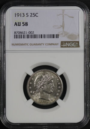Obverse of this 1913-S Barber Quarter NGC AU-58
