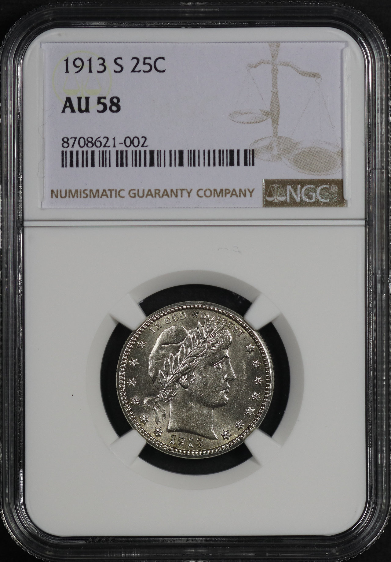 Obverse of this 1913-S Barber Quarter NGC AU-58