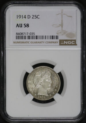 Obverse of this 1914-D Barber Quarter NGC AU-58