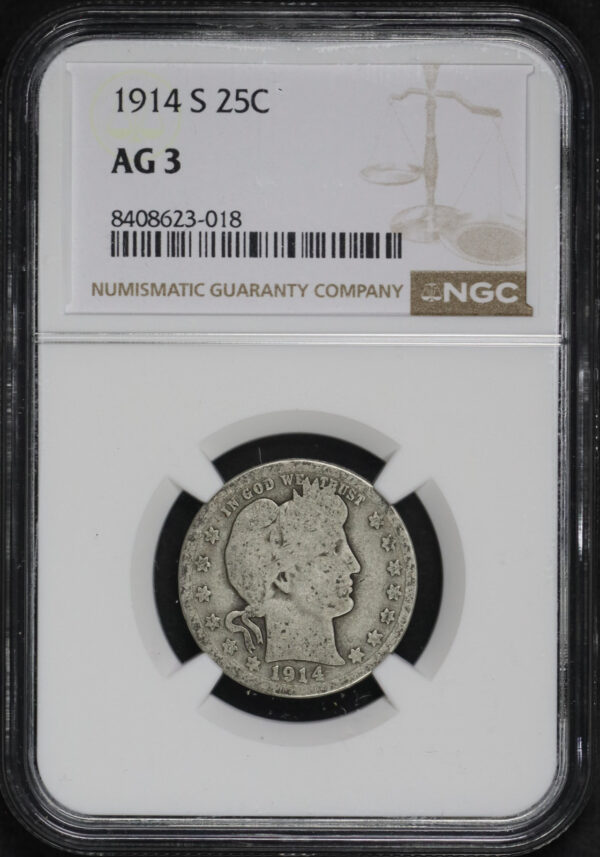 Obverse of this 1914-S Barber Quarter NGC AG-3